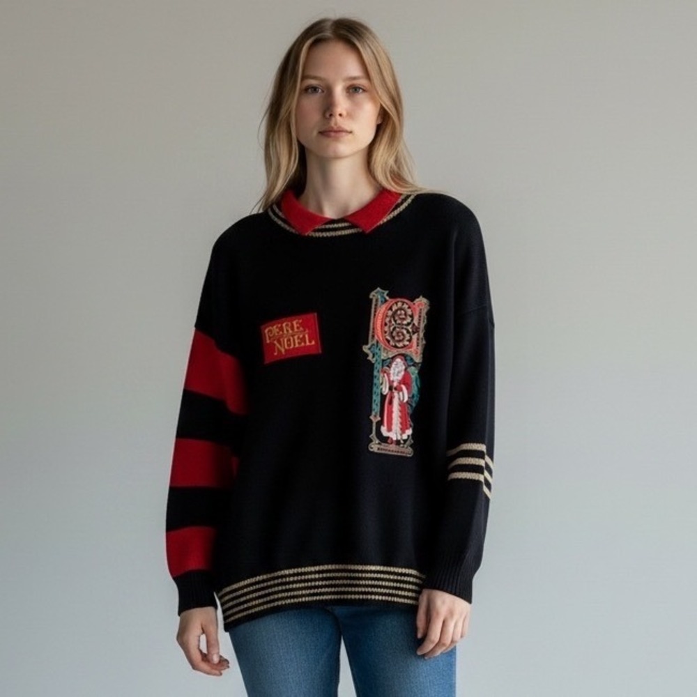 Vintage FIA Italia Handloomed Pere Noel Santa Christmas Sweater Black Red Gold M